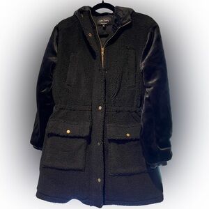 Eden Society Black Sherpa Fleece Drawstring Quilted Hooded Jacket Size Small